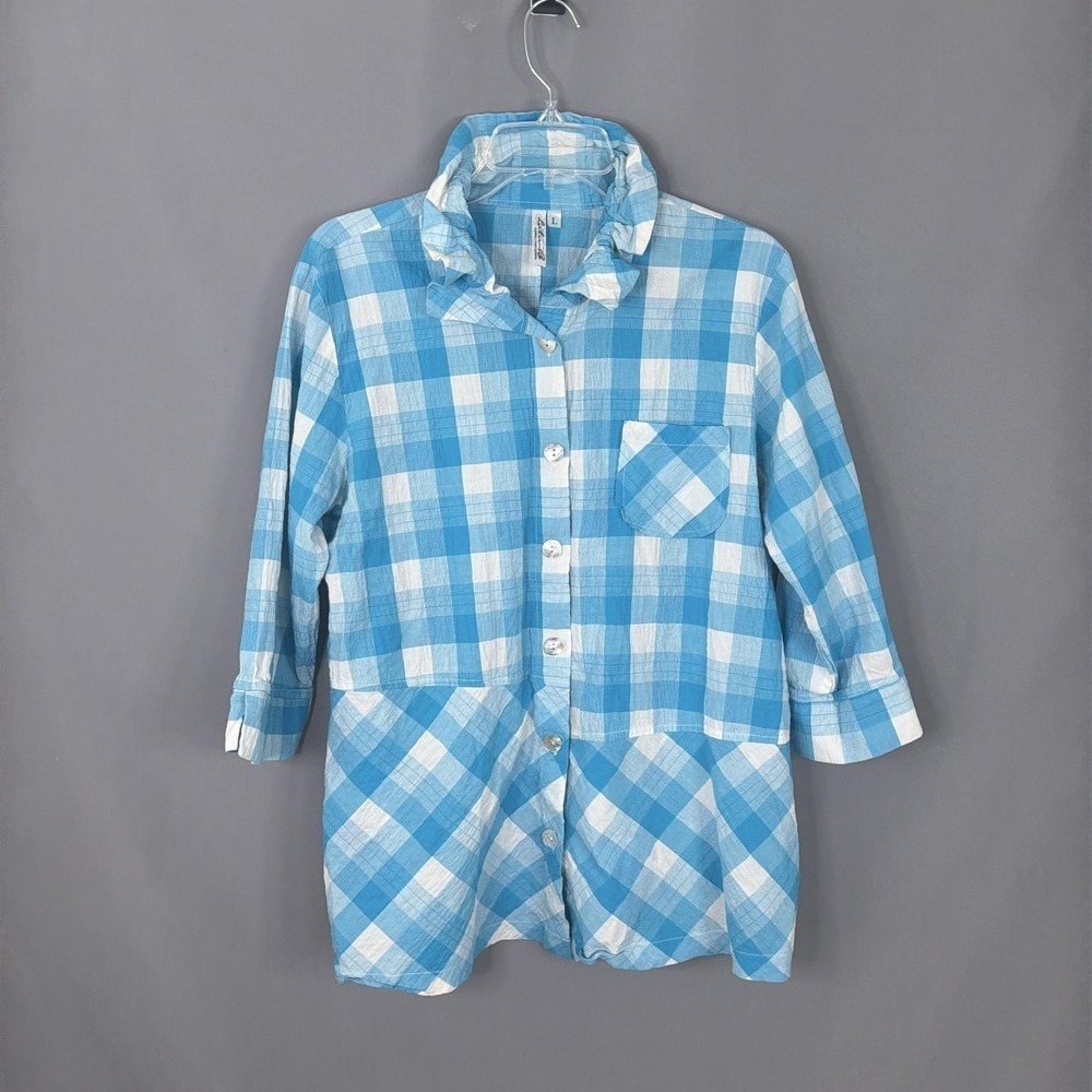 Lulu-B Top Womens Large Blue Gingham Plaid Cotton Blend Stretch Ruffle Blouse